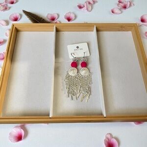 Elegant Pink Pom and Silver Plated Dangle Earrings